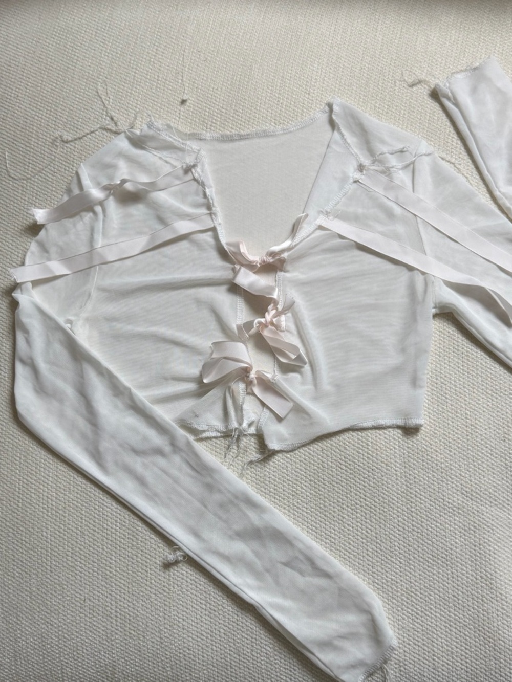 Sheer Tie-Front Cropped Long Sleeve Top - White